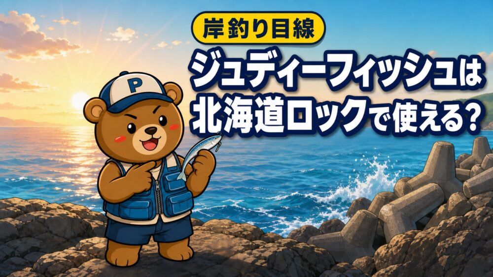 ジュディーフィッシュは北海道ロックで使える？と書かれた、北海道のテトラ帯でルアーを持つくまPのアイキャッチ画像