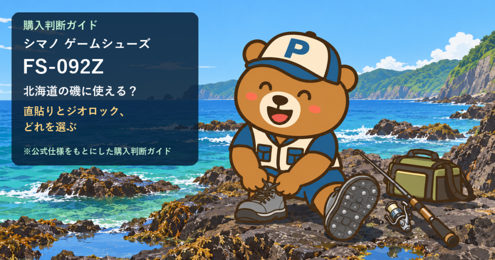 岩場で靴ひもを結ぶくまP（AI生成イメージ）とシマノ ゲームシューズ FS-092Zの購入判断ガイドの文字