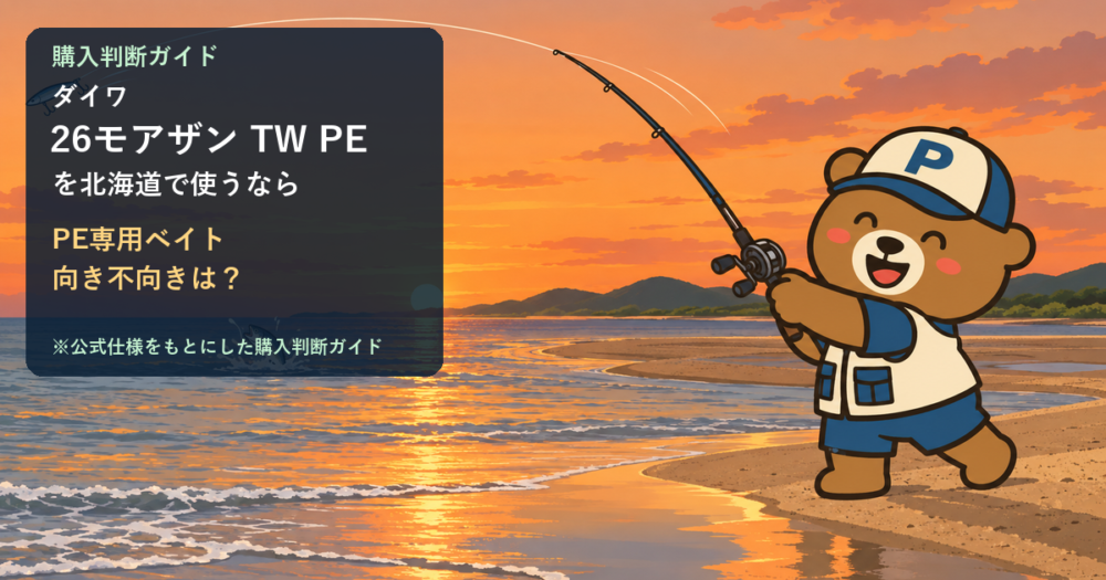 夕焼けの河口の砂州で、くまPがベイトリールの竿でルアーを遠投している（AI生成イメージ）