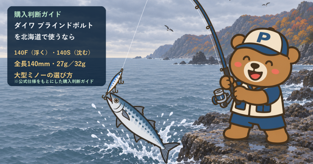 ダイワ ブラインドボルトを北海道で使うなら｜購入判断ガイドのアイキャッチ（磯でサワラを掛けたくまP）